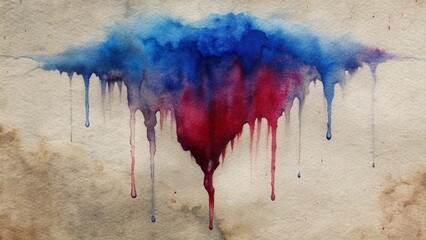 Fototapeta premium Artistic watercolor drip with wine red and ink blue on textured paper 