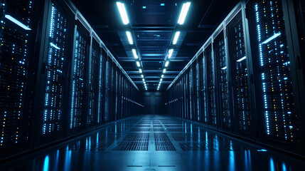 Obraz premium Futuristic Server Room Data Center Corridor with Glowing Lights