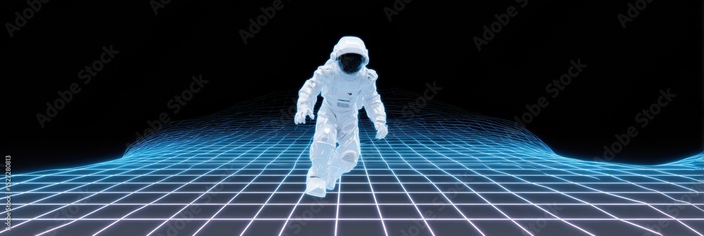 Poster cyber police bot pursuing scam data flow in digital grid environment with bright illumination on top