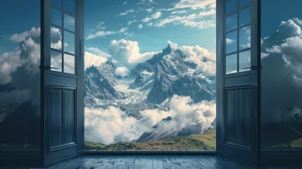 
Open Doors Reveal Stunning Mountain Landscape with Fluffy Clouds