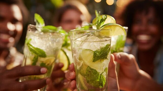 Cheers to Refreshment: Friends clink refreshing mojitos with mint and lime, capturing the essence of a perfect social gathering and convivial celebration.