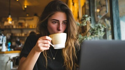 Coffee Break & Digital Focus: A focused individual enjoys a cup of coffee alongside a laptop in a cozy cafe environment, symbolizing productivity, work-life balance, and the pleasures of daily life. 