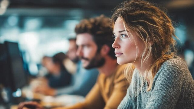 Focused Professionalism: In a modern office setting, a young woman gazes forward with unwavering focus, embodying concentration and professionalism as she excels in her career