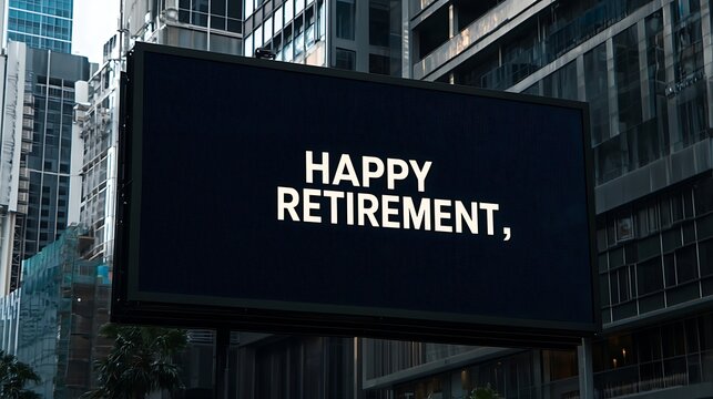 A large digital billboard displays the message "HAPPY RETIREMENT," set against a backdrop of modern urban buildings.