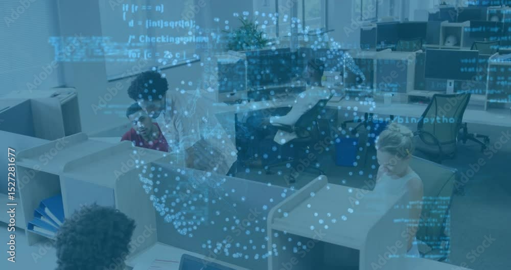 Poster engineer pointing at holographic sphere after code update, team collaborating on data visualization