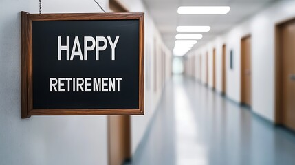 A sign reading "HAPPY RETIREMENT" hangs in a corridor, symbolizing the transition to retirement and a new phase in life.