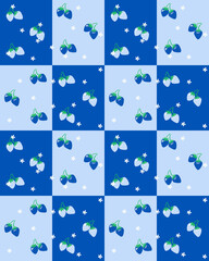 Seamless blue strawberry pattern vector illustration with chess pattern for wallpaper background or template. cute hand draw for wrapping or mockup
