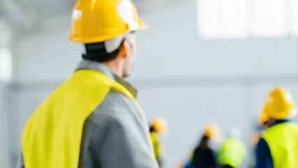 portrait of warehouse worker standing on right side of frame with focused expression - Powered by Adobe