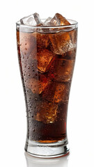 Chilled Glass of Cola with Ice Cubes on White Background