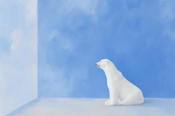 bear sitting by window bathed in soft light surrounded by shades of blue
