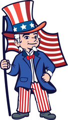 Traditional Uncle Sam character standing proudly while holding American flag cartoon style. National celebration concept
