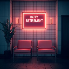 A cozy retirement space featuring two chairs, a neon sign reading "Happy Retirement," and a decorative plant against a tiled wall.