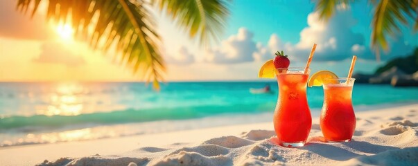 Relaxing beach scene with tropical cocktails; vibrant sunset, turquoise water, white sand, palm trees, refreshing drinks , blue, white