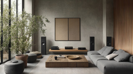 modern living room featuring grey sofa, wooden coffee table, and audio equipment, creating cozy