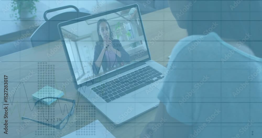Aufkleber viewer watching presenter pointing at animated business charts on laptop screen and typing notes