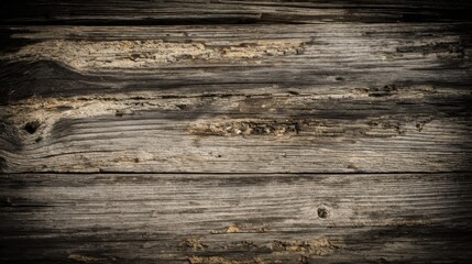 Fototapeta premium Weathered wooden planks with a grayish-brown hue, showcasing cracks, knots, and peeling material, revealing a rough and detailed texture. The aged surface, marked by varying shades of light and dark, 