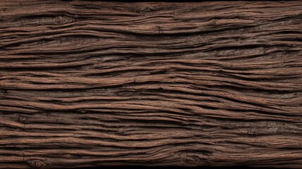 Detailed texture of weathered wood showcasing prominent grain with deep, sinuous horizontal lines, rich earthy brown tones ranging from dark chocolate to reddish hues, scattered knots and cracks enhan