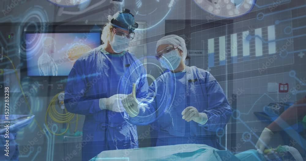 Poster surgeons adjusting gloves rotating holographic controls reviewing brain data while assistant enters
