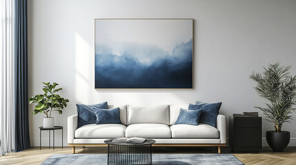 modern living room featuring stylish sofa, decorative pillows, and large abstract painting