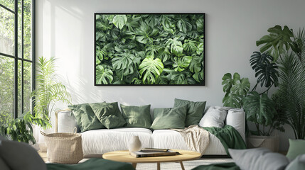 serene living room featuring lush green plants and large framed artwork of foliage