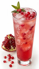 Refreshing Pomegranate Drink with Ice and Mint in Tall Glass
