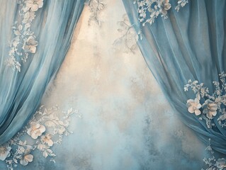 Elegant Light Blue Tulle Curtain with Floral Embroidery Background