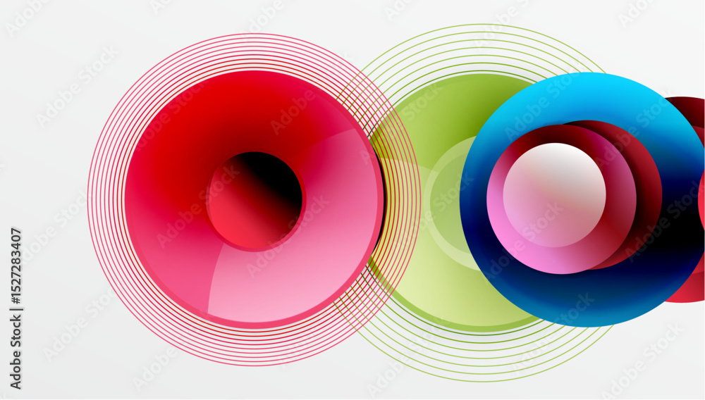Aufkleber Abstract colorful circles overlap. Lines radiate from centers creating dynamic visual effect. Modern design elements present.