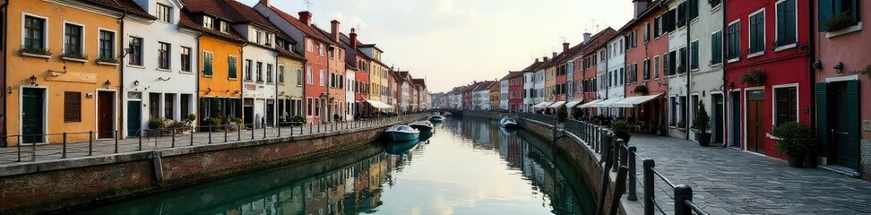 Obraz premium Historic cobblestone dock street lined with quaint buildings reflecting in calm water, creating a picturesque waterfront scene Ideal for travel, tourism, and historical context , sea, river, daylight