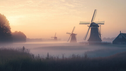 windmills in a meadow at dawn