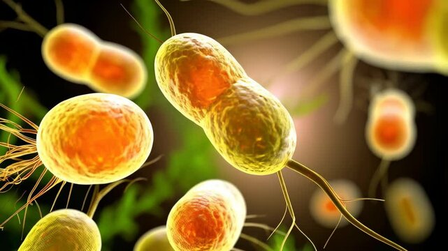 Microscopic view of bacterial cells with flagella and cell division, illustrating germs, infection and microbiology concept.