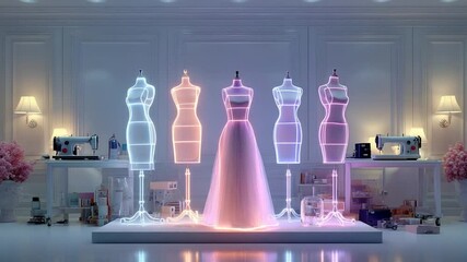 Neon mannequin dress forms and sewing machines in a stylish design studio with lamps