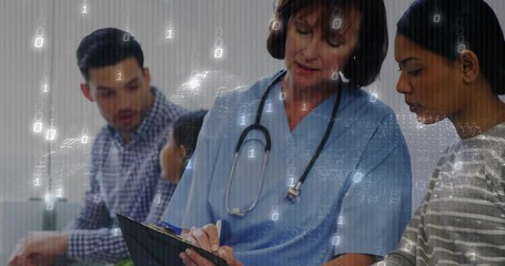 Nurse writing notes in clinic waiting area, generating floating binary digits for digital records
