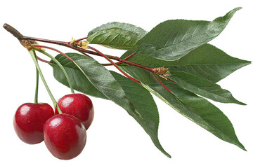 Fresh red cherries on a branch with green leaves on transparent background.