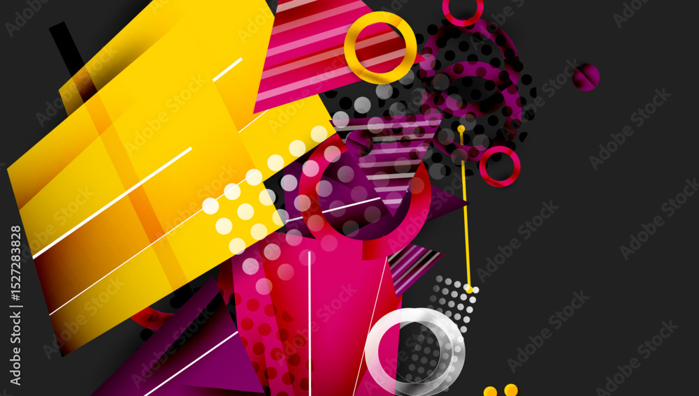 Poster Abstract geometric composition. Vibrant colors, shapes overlap creating dynamic visual effect. Modern design elements present.