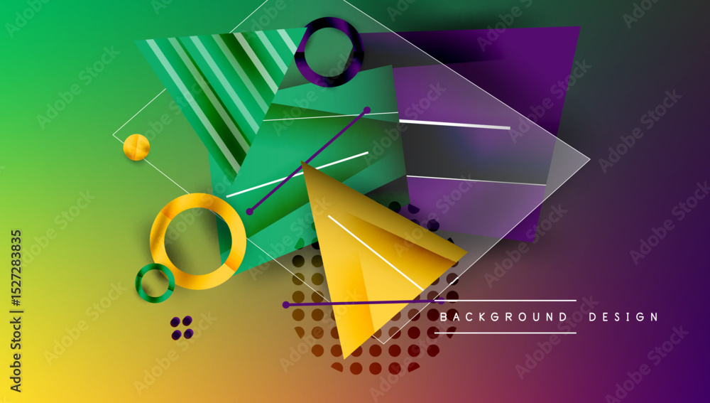 Poster Abstract geometric composition. Vibrant gradients, overlapping shapes create dynamic visual effect. Modern design elements present.