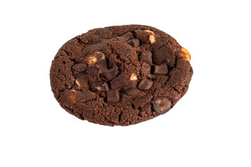 A large chocolate cookie topped with chocolate chips, set against a transparent background.