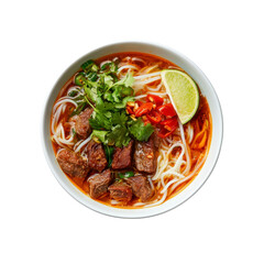 Delicious Beef Pho with Rice Noodles, Cilantro, Lime, and Chili