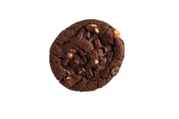 A large chocolate cookie topped with chocolate chips, set against a transparent background.