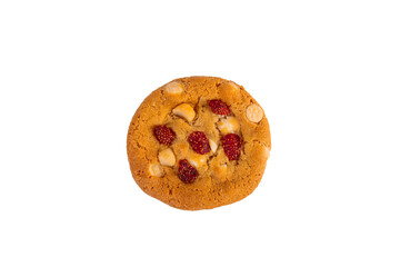 Vanilla cookies topped with nuts and strawberries on a transparent background
