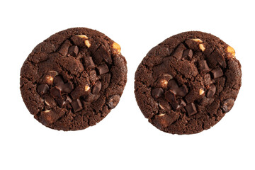 A large chocolate cookie topped with chocolate chips, set against a transparent background.