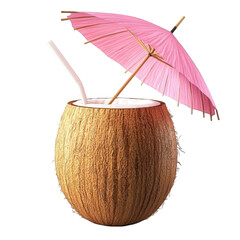 Refreshing coconut drink with creamy milk and pink parasol summer tropical beverage in brown coconut shell perfect for hot on transparent background