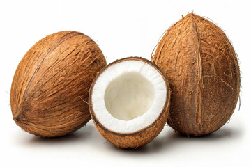 Whole and Halved Coconuts with White Flesh on White Background