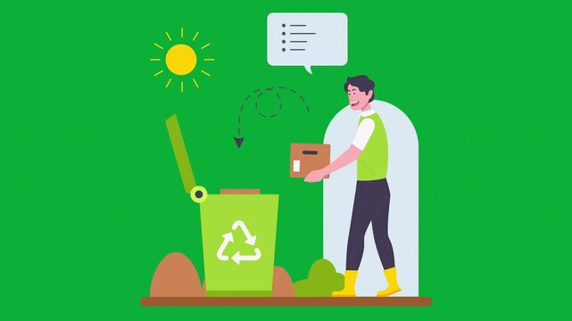 Animated video of a man recycling cardboard boxes into a green recycling bin with a recycling symbol under the sun and a checklist icon.