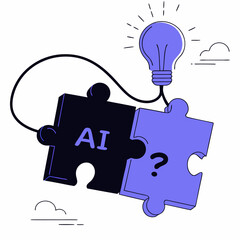 Illuminated puzzle pieces, one labeled ai and the other a question mark, connected by a glowing lightbulb, isolated on white background