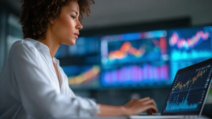 Analytical Vision: A focused finance expert meticulously examines financial data and market analysis on a modern laptop in a corporate environment, showcasing analytical skill.
