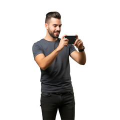 A man takes a picture with a smartphone on white or transparent background