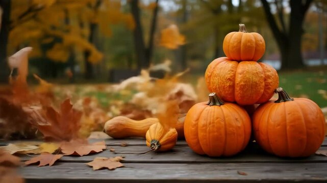 Stack of pumpkins resting on wooden bench surrounded by autumn leaves  