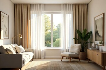 Elegant sheer curtains softly filtering sunlight in a bright living room, creating a tranquil and airy atmosphere Perfect for home decor inspiration , texture, interior, living room