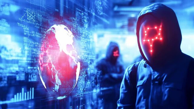 Mysterious figures in hoodies surround a digital world map, symbolizing cyber threats and data security