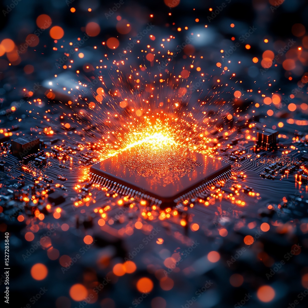 Poster vibrant explosion of sparks emanates from microprocessor, showcasing advanced technology and innovat